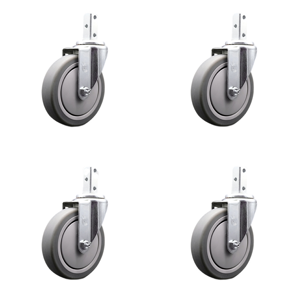 Swivel Square Stem Caster with 5 x 1.25 in. Gray Thermoplastic Rubber Wheel - 0.87 x 2 in. Square Stem - 1200 lbs Capacity - Set of 4