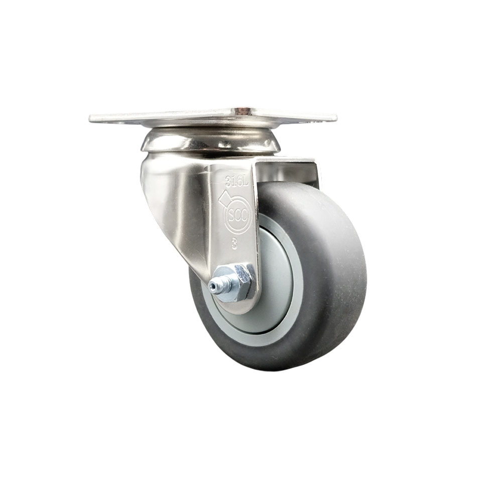 Thermoplastic Rubber Swivel Top Plate Caster with 3 in. Gray Caster Wheel - 316 Stainless Steel Caster - 210 lbs Capacity per Caster