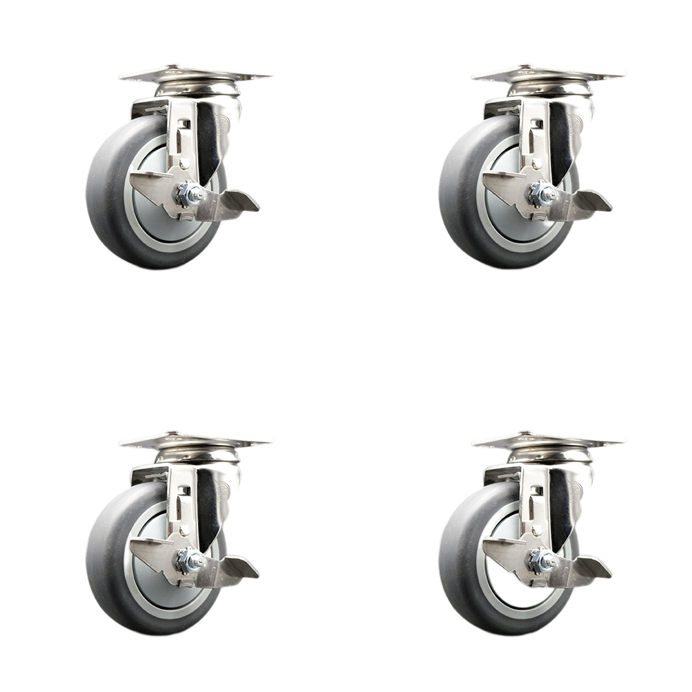 Thermoplastic Rubber Swivel Top Plate Caster with 4 in. Caster Wheels - 316 Stainless Steel Casters - 1000 lbs Total Capacity - Set of 4