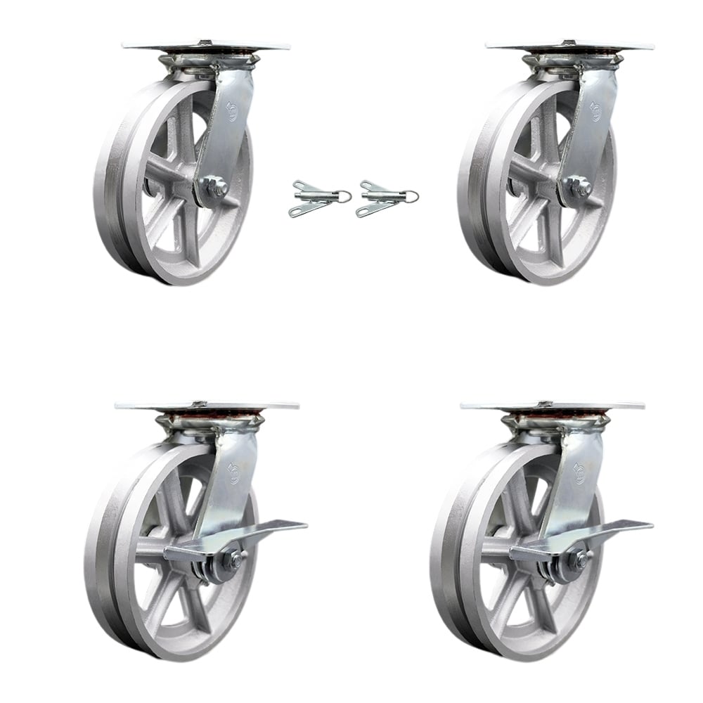 Heavy Duty Large Top Plate V Groove Semi Steel Swivel Caster with Maintenance Free Bearings with 8 x 2 in. Silver Wheels - Set of 4
