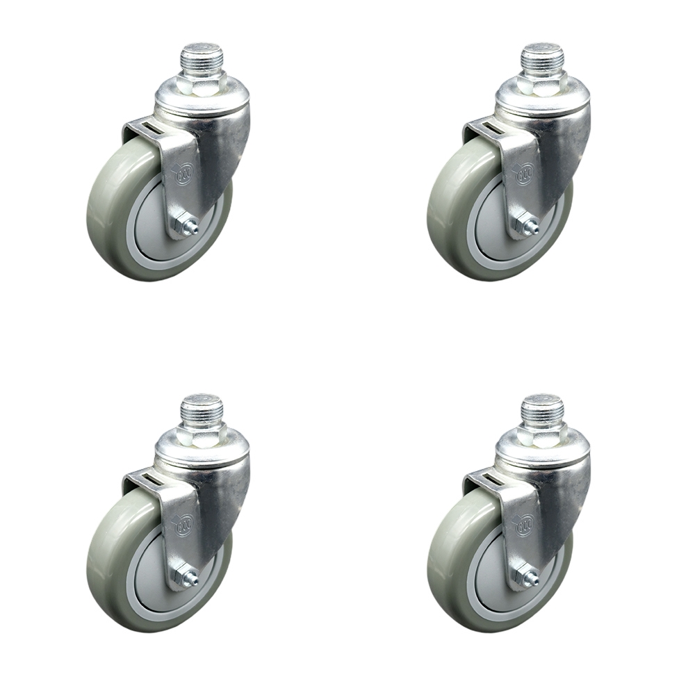 0.75 in. NPT Pipe Threaded Stem Swivel Caster Set with 4 x 1.25 in. Gray Non-Marking Thermoplastic Rubber Wheels - 760 lbs Total Capacity - Set of 4