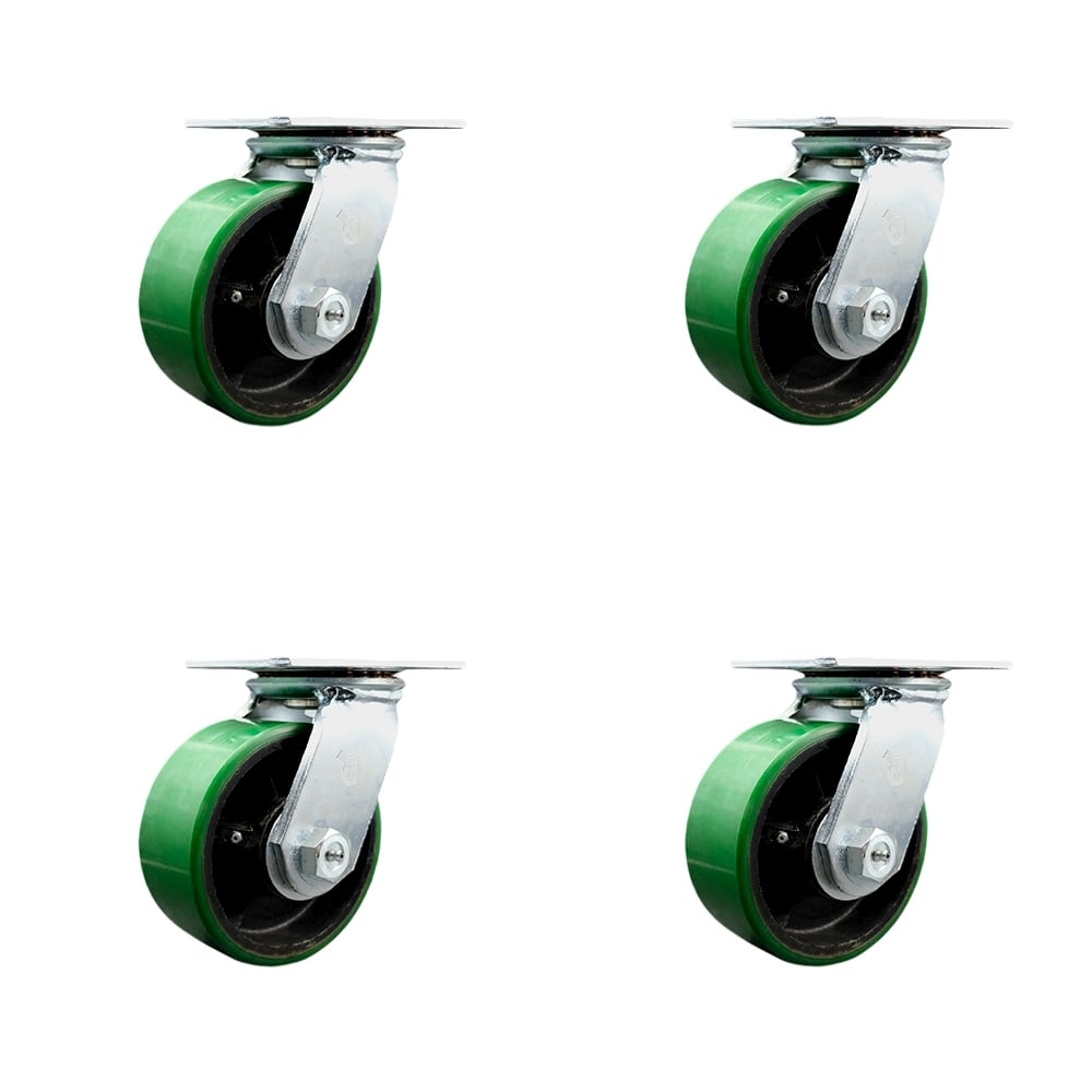 Heavy Duty Large Top Plate Polyurethane on Cast Iron Swivel Caster with 6 x 2.5 in. Green Wheels - 6400 lbs Total Capacity - Set of 4