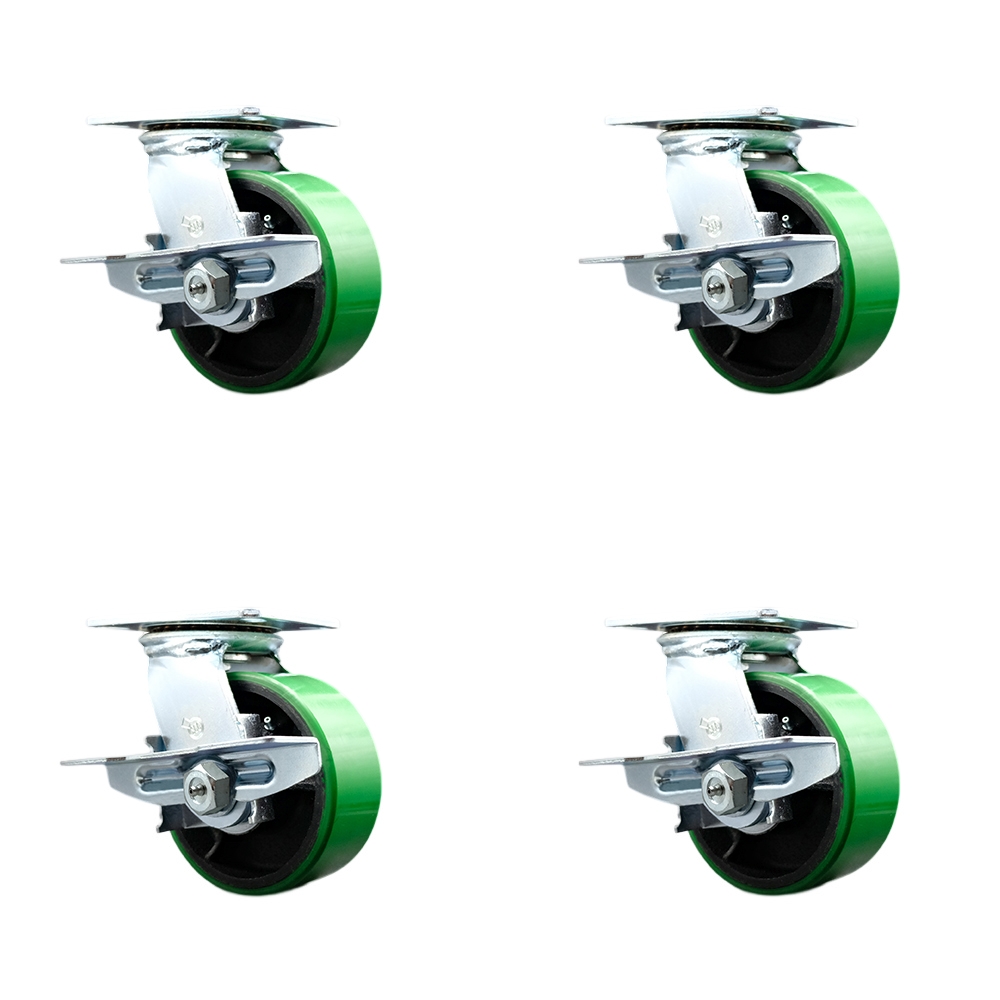 Heavy Duty Large Top Plate Polyurethane on Cast Iron Swivel Caster with 6 x 2.5 in. Green Wheels - 6400 lbs Total Capacity - Set of 4