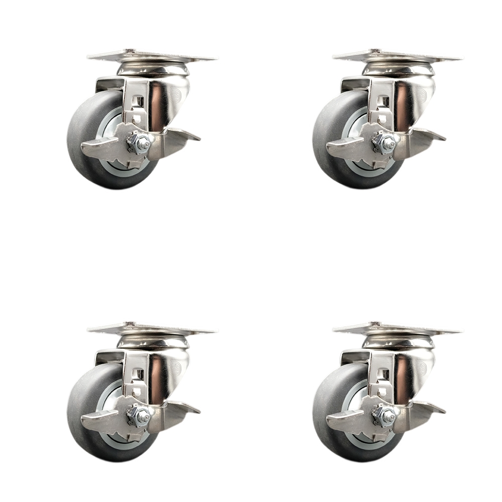 Thermoplastic Rubber Swivel Top Plate Caster with 3 in. Caster Wheels - 316 Stainless Steel Casters - 840 lbs Total Capacity - Set of 4