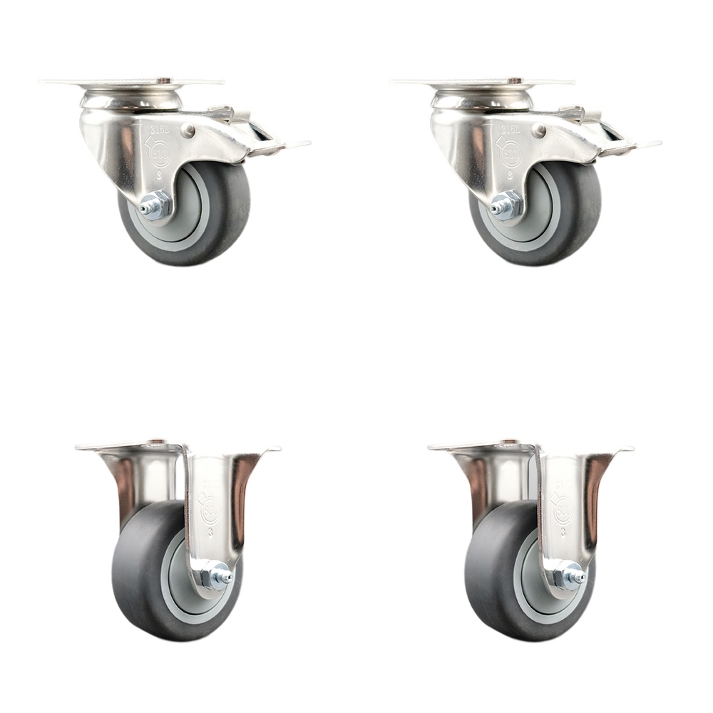 SCC-SS316TTL20S3514-TPRB-2-R-2 Thermoplastic Rubber Swivel Top Plate Caster with 3.5 in. Gray Caster Wheels - 316 Stainless Steel Casters - Set of 4