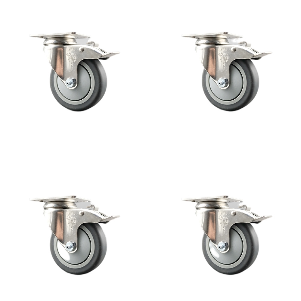 Thermoplastic Rubber Swivel Top Plate Caster with 4 in. Caster Wheels - 316 Stainless Steel Casters - 1000 lbs Total Capacity - Set of 4