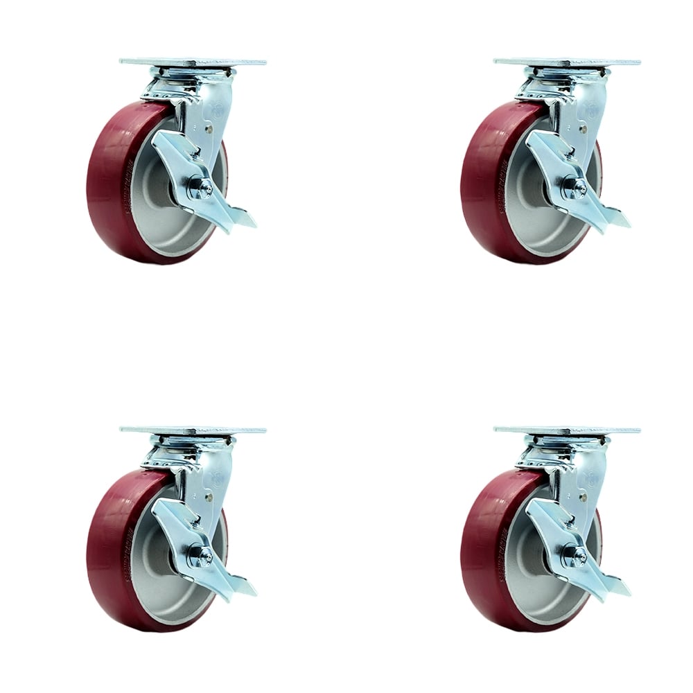SCC-30CS620-PAR-TLB-4 Polyurethane on Aluminum Swivel Top Plate Casters, Heavy Duty with 6 in. Wheels - 4800 lbs Total Capacity - Set of 4