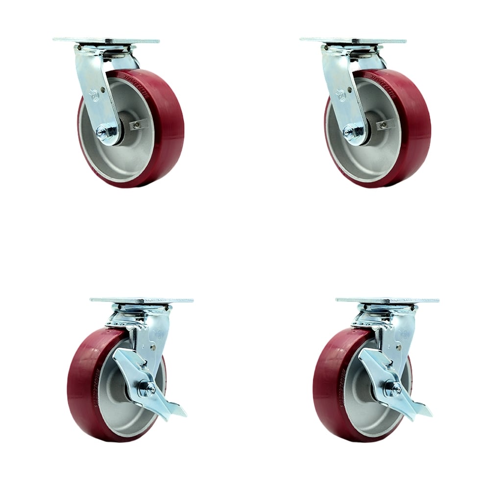 SCC-30CS620-PAR-2-TLB-2 Polyurethane on Aluminum Swivel Top Plate Casters, Heavy Duty with 6 in. Wheels - 4800 lbs Total Capacity - Set of 4