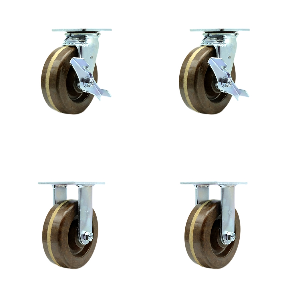 High Temperature Phenolic Swivel Top Plate Casters, Heavy Duty with 6 in. Wheels - 4800 lbs Total Capacity - Set of 4