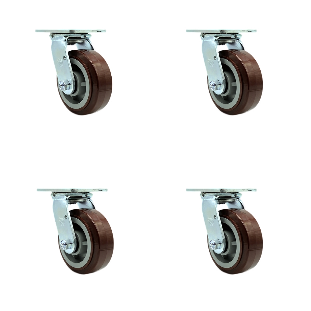 SCC-30CS520-PPUR-4 Polyurethane Swivel Top Plate Casters, Heavy Duty with 5 in. Wheels - 3000 lbs Total Capacity - Set of 4