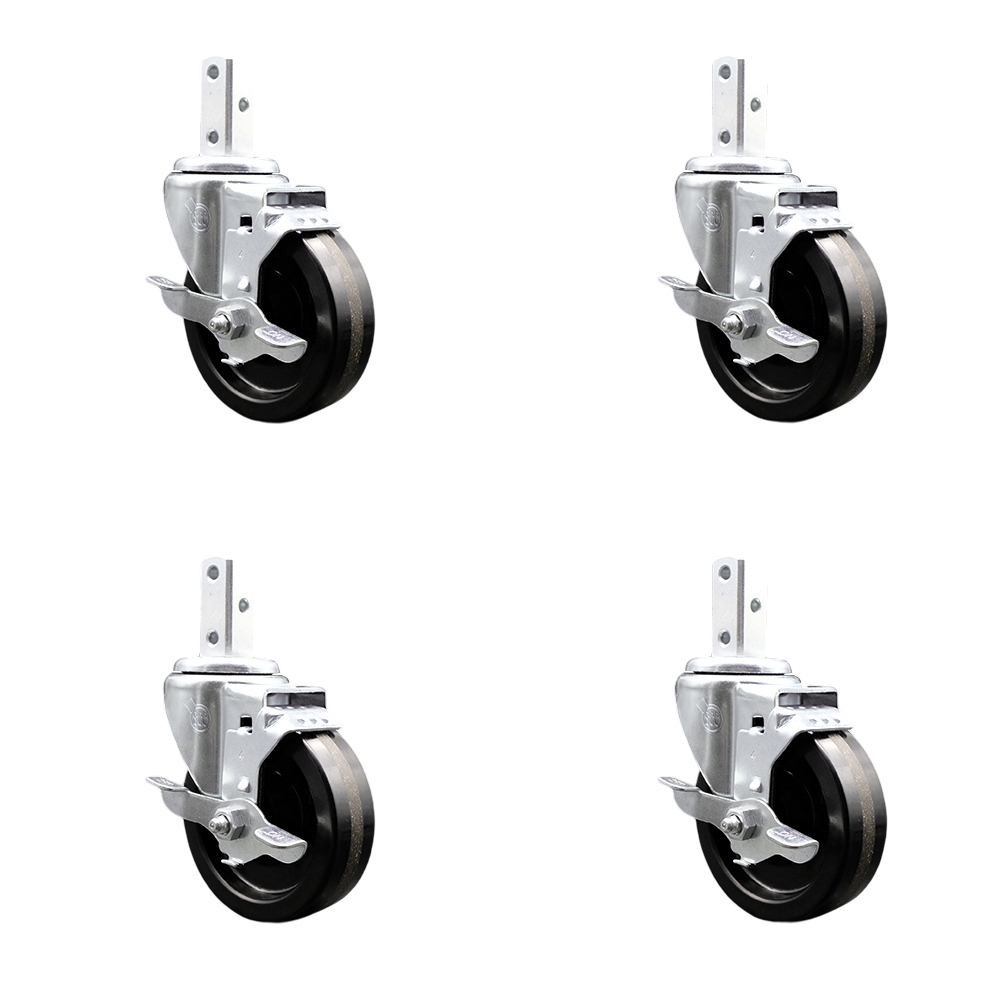 Swivel Square Stem Caster with 4 x 1.25 in. Black Phenolic Wheel, 0.75 x 2 in. Square Stem with 3 0.26 in. Diameter Mounting Holes - Set of 4