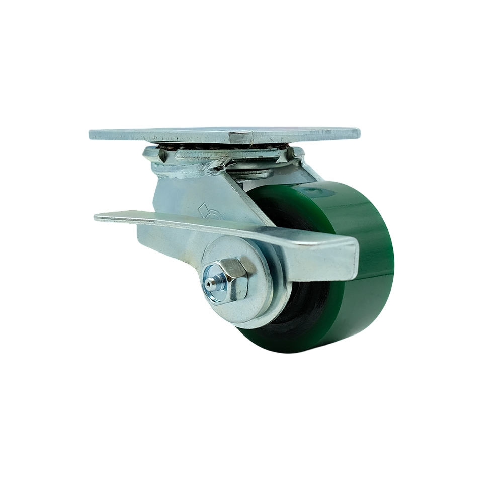 Polyurethane on Cast Iron Swivel Top Plate Heavy Duty Caster with 3.25 in. Green Wheel & Side Lock Brake - 600 lbs Capacity per Caster