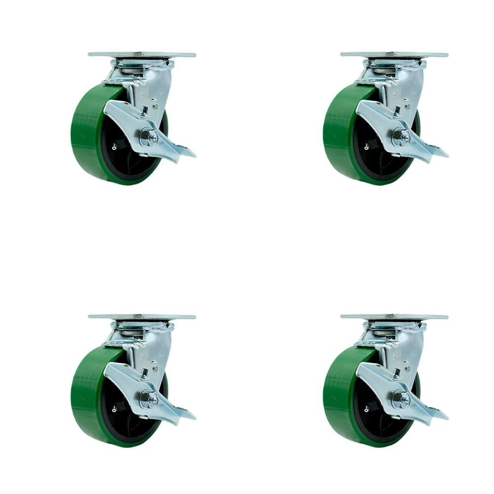 Polyurethane on Cast Iron Swivel Top Plate Casters, Heavy Duty with 5 in. Green Wheels - 4000 lbs Total Capacity - Set of 4