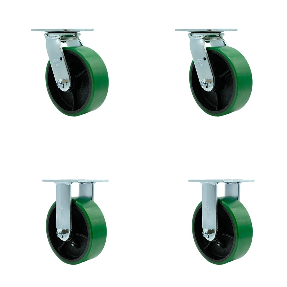 Polyurethane on Cast Iron Swivel Top Plate Casters, Heavy Duty with 6 in. Green Wheels - 4800 lbs Total Capacity - Set of 4