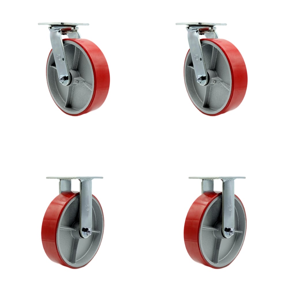 Polyurethane on Cast Iron Swivel Top Plate Casters, Heavy Duty with 8 in. Red Wheels - 5000 lbs Total Capacity - Set of 4