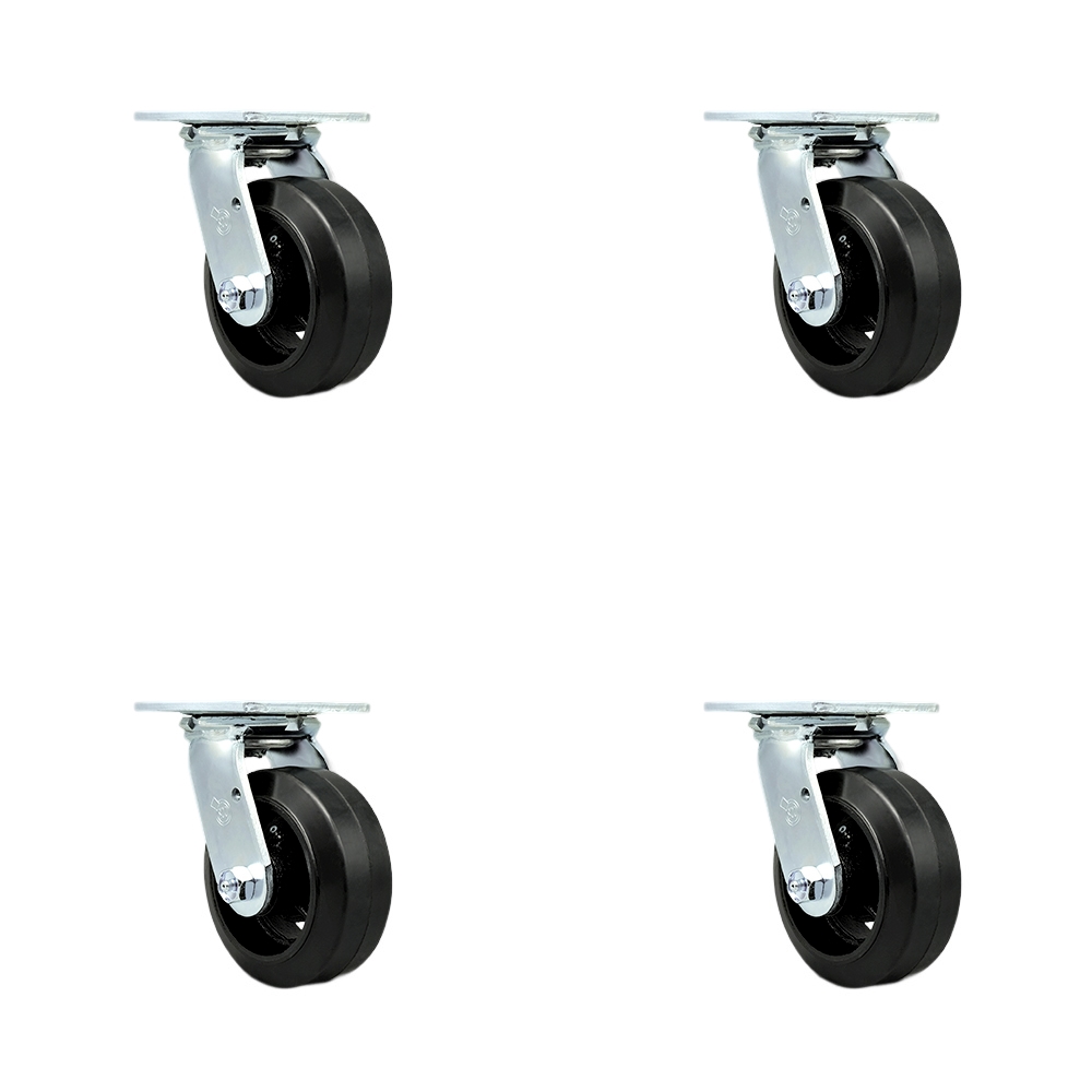 SCC-30CS520-RSR-4 Rubber on Metal Swivel Top Plate Casters, Heavy Duty with 5 in. Wheels - 1600 lbs Total Capacity - Set of 4