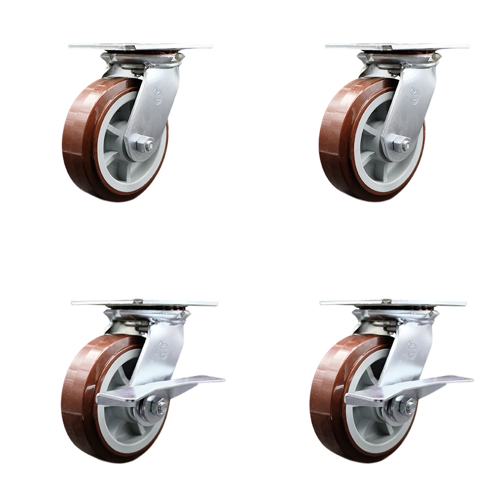 Heavy Duty Large Top Plate Polyurethane on Polyolefin Swivel Caster with Maintenance Free Bearings with 6 x 2 in. Maroon Wheels - Set of 4