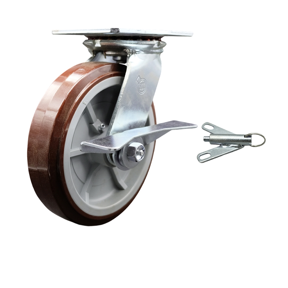 Heavy Duty Large Top Plate Polyurethane on Polyolefin Swivel Caster with Maintenance Free Bearings & 8 x 2 in. Maroon Wheel - 1000 lbs Capacity
