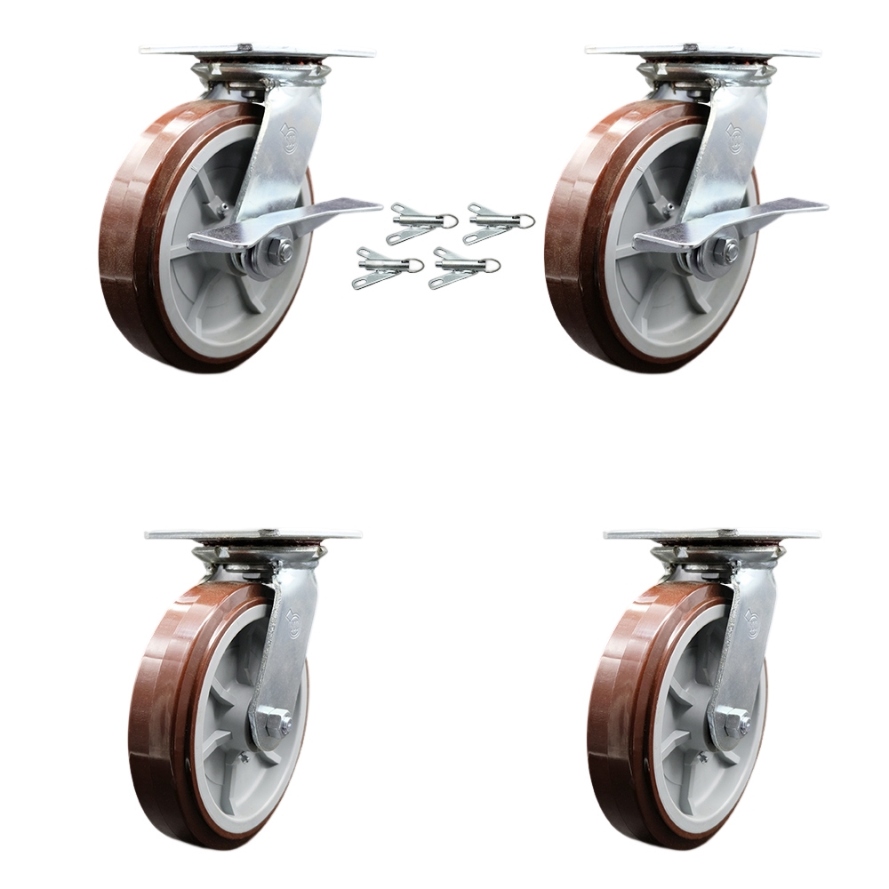 Heavy Duty Large Top Plate Poly on Polyolefin Swivel Caster with Maintenance Free Bearing with 8 x 2 in. Maroon Wheel - Set of 4