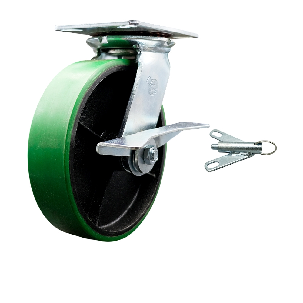 Heavy Duty Large Top Plate Polyurethane on Cast Iron Swivel Caster with Maintenance Free Bearings & 8 x 2 in. Green Wheel - 1250 lbs Capacity
