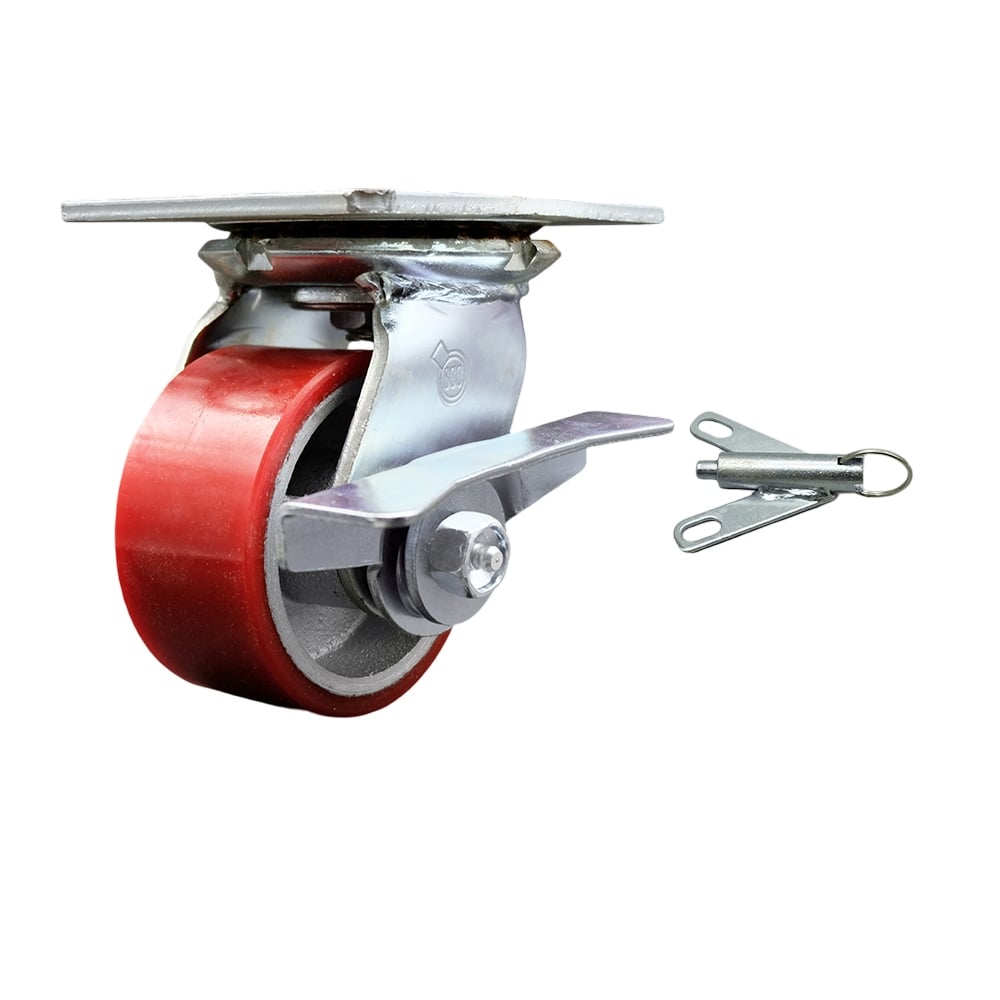 Heavy Duty Large Top Plate Polyurethane on Cast Iron Swivel Caster with Maintenance Free Bearings & 4 x 2 in. Red Wheel - 700 lbs Capacity