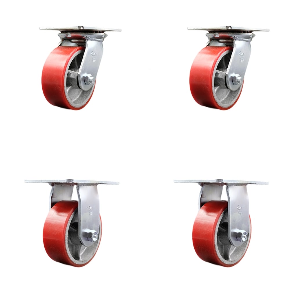 Heavy Duty Large Top Plate Polyurethane on Cast Iron Swivel Caster with Maintenance Free Bearings with 5 x 2 in. Red Wheels - Set of 4