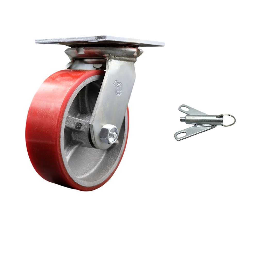 Heavy Duty Large Top Plate Polyurethane on Cast Iron Swivel Caster with Maintenance Free Bearings & 6 x 2 in. Red Wheel & Bolt on Swivel Lock