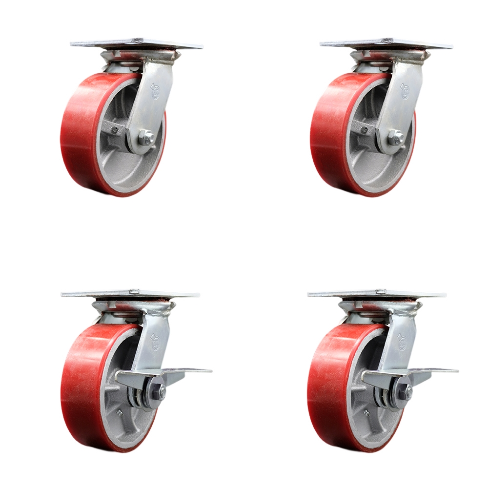 Heavy Duty Large Top Plate Polyurethane on Cast Iron Swivel Caster with Maintenance Free Bearings with 6 x 2 in. Red Wheels - Set of 4