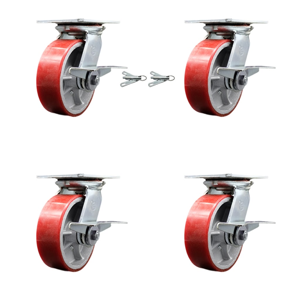 Heavy Duty Large Top Plate Poly on Cast Iron Swivel Caster with Maintenance Free Bearings with 6 x 2 in. Red Wheels - Set of 4