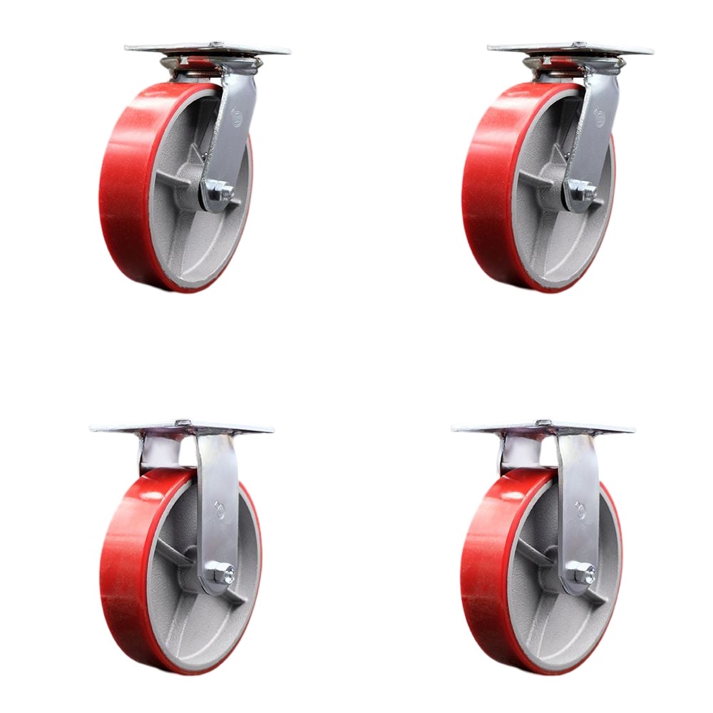 Heavy Duty Large Top Plate Polyurethane on Cast Iron Swivel Caster with Maintenance Free Bearings with 8 x 2 in. Red Wheels - Set of 4