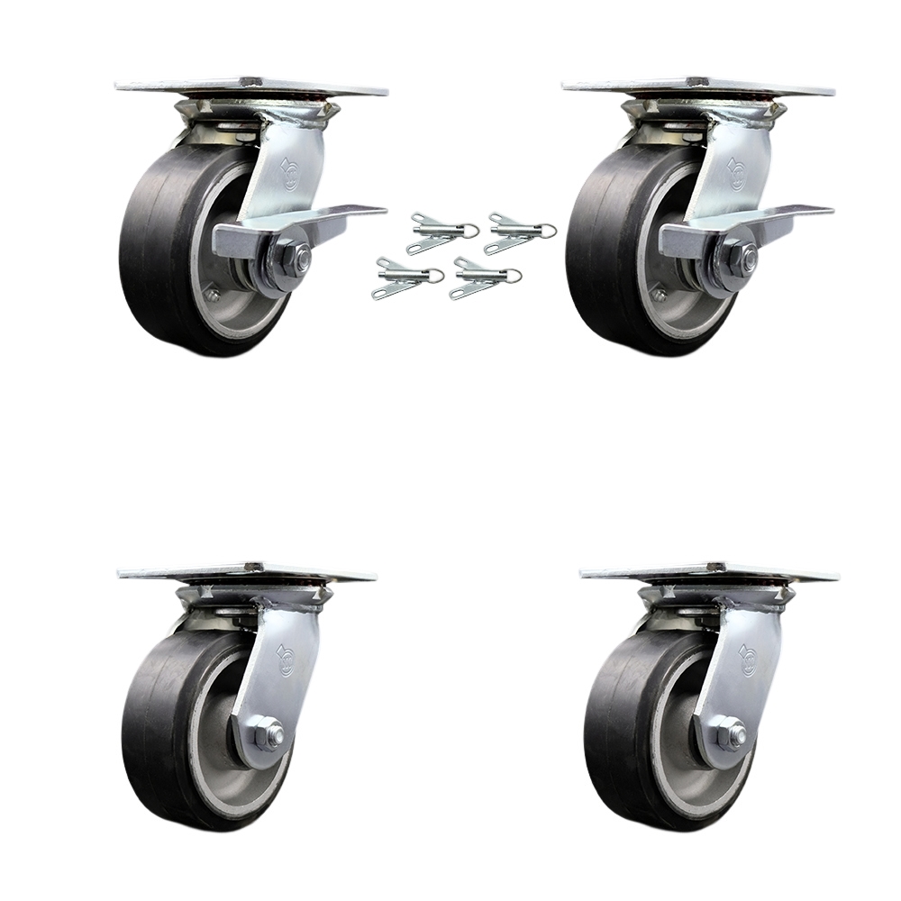Heavy Duty Large Top Plate Rubber on Aluminum Swivel Caster with Maintenance Free Bearing with 5 x 2 in. Black Wheel - Set of 4