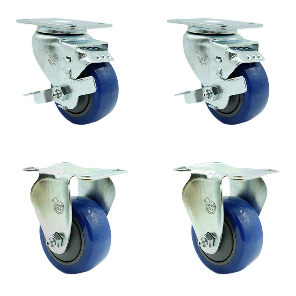 SCC-SS20S314-PPUB-BLUE-TLB-2-R314-2 Stainless Steel Polyurethane Swivel Top Plate Caster with 3 x 1.25 in. Blue Wheels - Set of 4