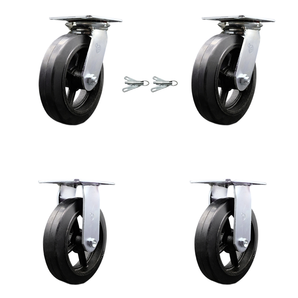 Heavy Duty Large Top Plate Rubber on Cast Iron Swivel Caster with Maintenance Free Bearings with 8 x 2 in. Black Wheels - Set of 4