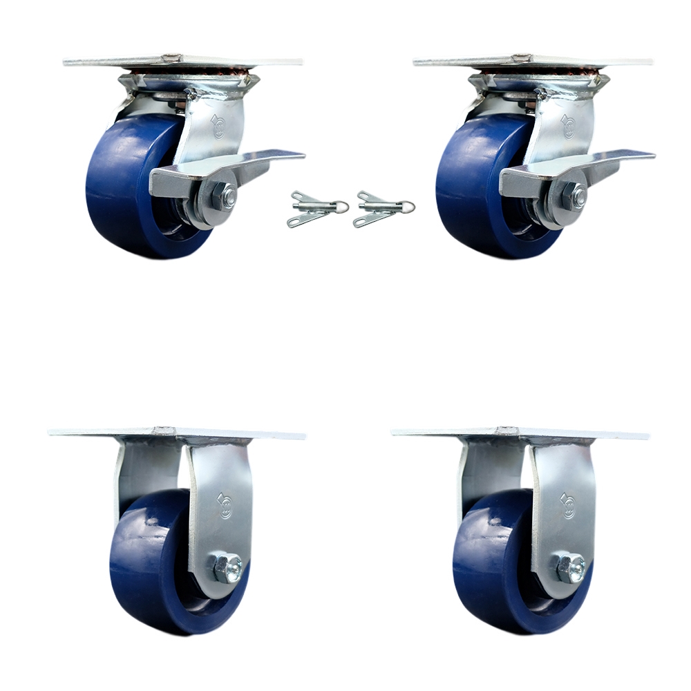 Heavy Duty Large Top Plate Solid Polyurethane Swivel Caster with Maintenance Free Bearings with 4 x 2 in. Blue Wheels - Set of 4