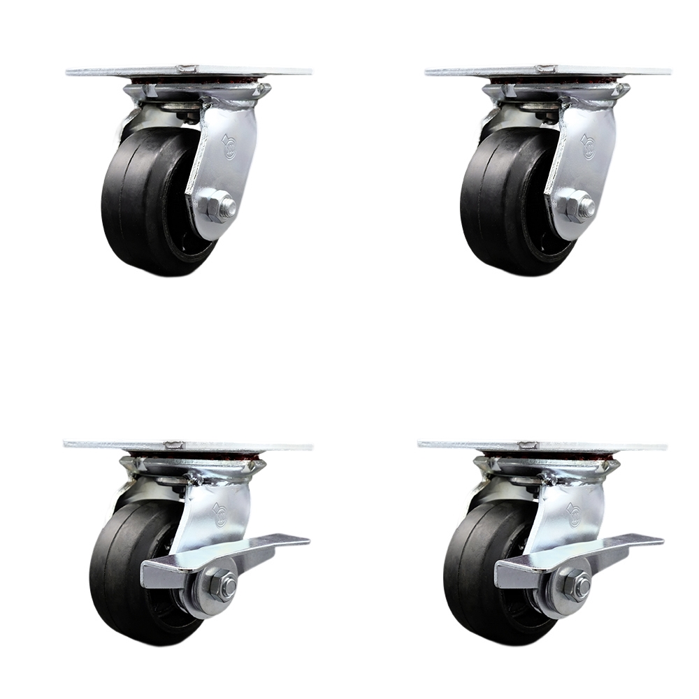SCC-35S420-RSR-2-SLB-2 Heavy Duty Large Top Plate Rubber on Cast Iron Swivel Caster with 4 x 2 in. Black Wheels - 1600 lbs Total Capacity - Set of 4