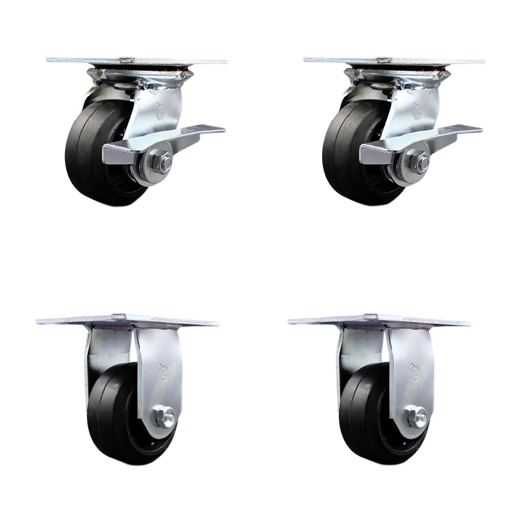 Heavy Duty Large Top Plate Rubber on Cast Iron Swivel Caster with 4 x 2 in. Black Wheels - 1600 lbs Total Capacity - Set of 4