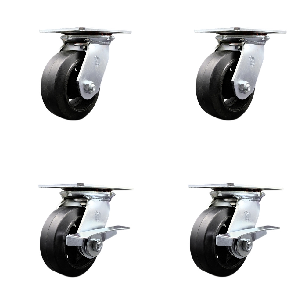 SCC-35S520-RSR-2-SLB-2 Heavy Duty Large Top Plate Rubber on Cast Iron Swivel Caster with 5 x 2 in. Black Wheels - 1600 lbs Total Capacity - Set of 4