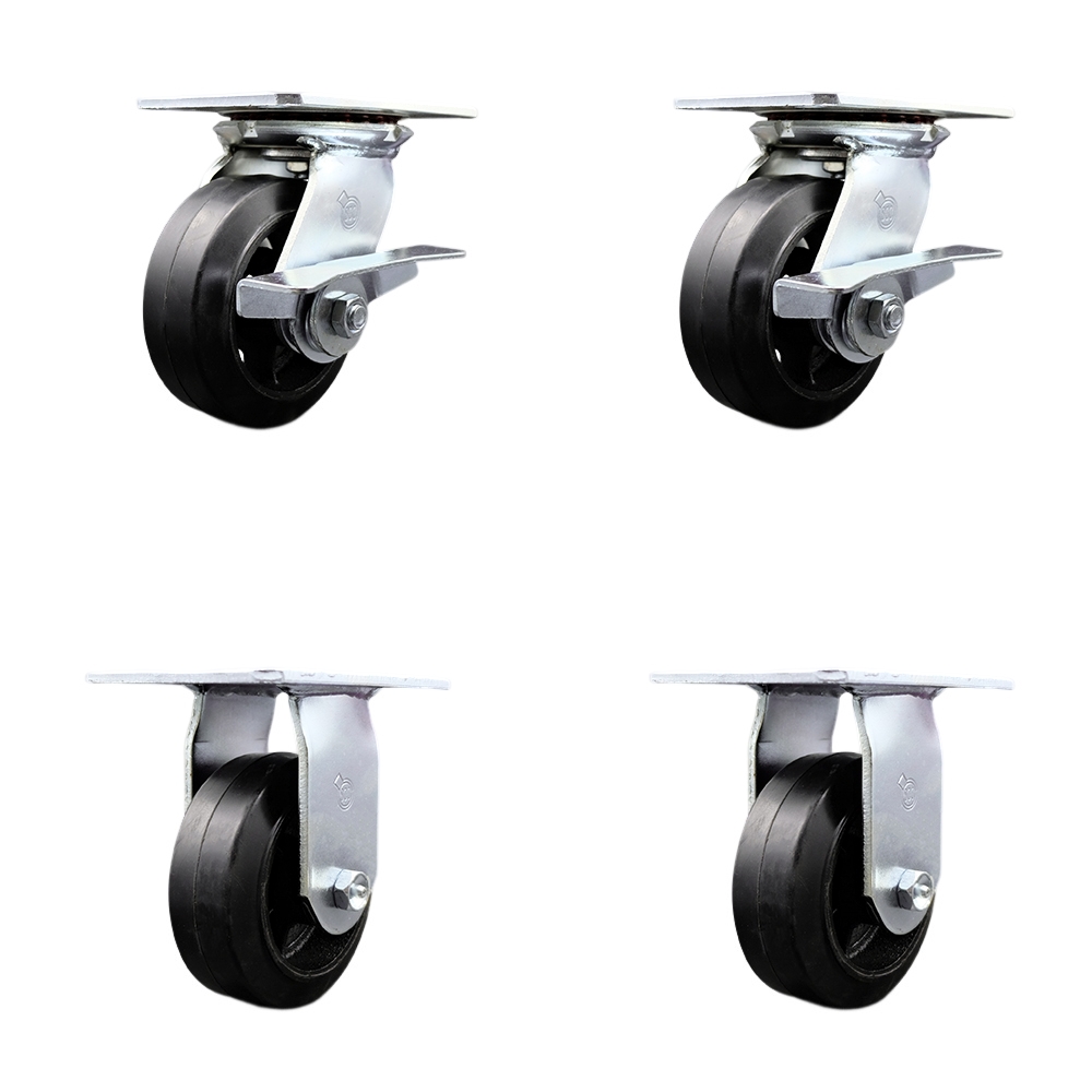 Heavy Duty Large Top Plate Rubber on Cast Iron Swivel Caster with 5 x 2 in. Black Wheels - 1600 lbs Total Capacity - Set of 4