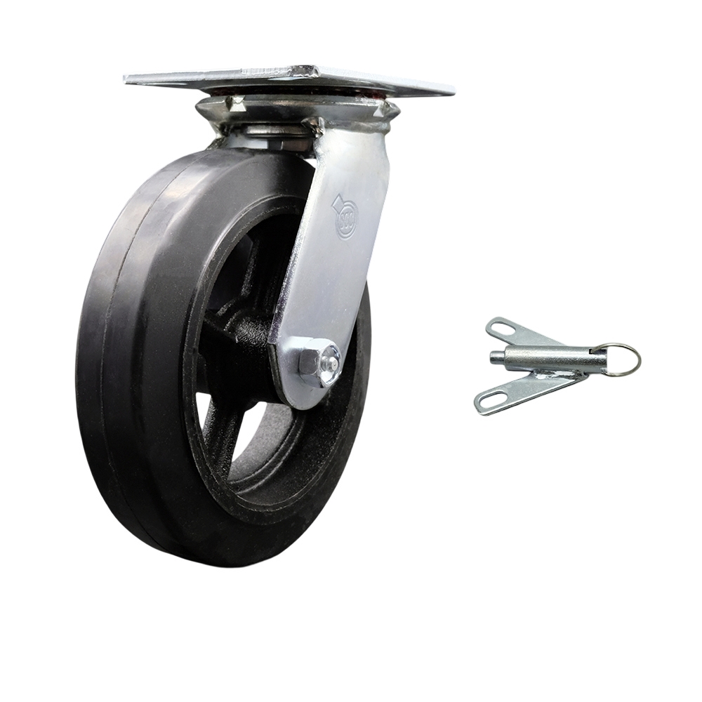 Heavy Duty Large Top Plate Rubber on Cast Iron Swivel Caster with 8 x 2 in. Black Wheel & Bolt on Swivel Lock - 500 lbs Capacity per Caster