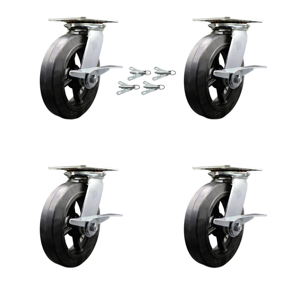 Heavy Duty Large Top Plate Rubber on Cast Iron Swivel Caster with 8 x 2 in. Black Wheels - 2000 lbs Total Capacity - Set of 4