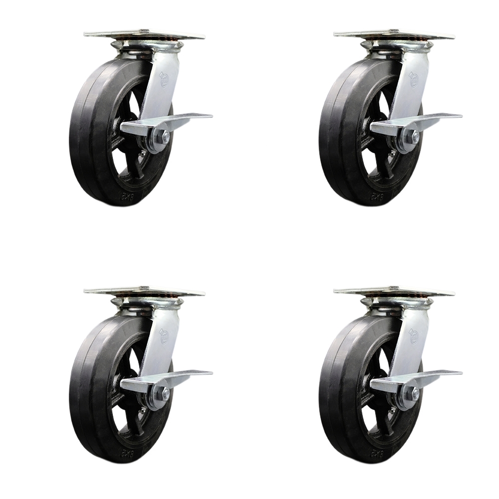 Heavy Duty Large Top Plate Rubber on Cast Iron Swivel Caster with 8 x 2 in. Black Wheels - 2000 lbs Capacity - Set of 4