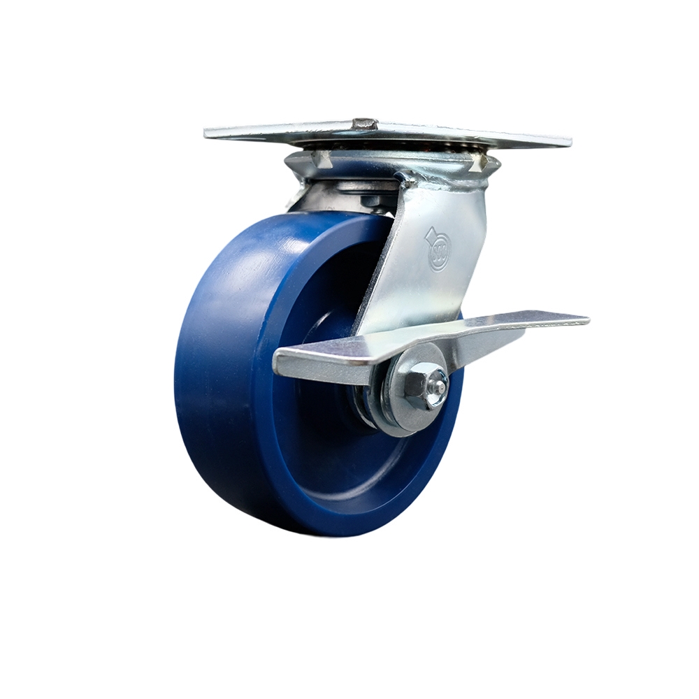 Heavy Duty Large Top Plate Solid Polyurethane Swivel Caster with 6 x 2 in. Blue Wheel & Side Lock Brake - 1200 lbs Capacity per Caster