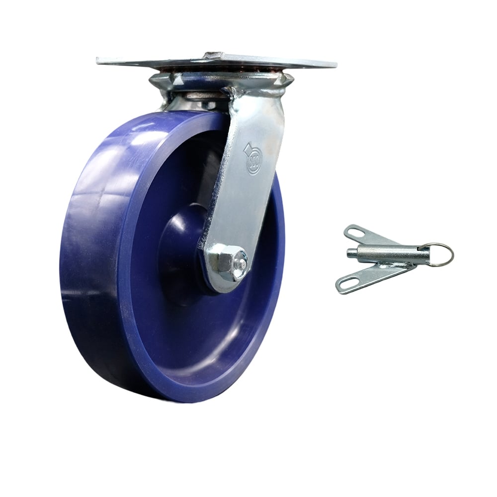 Heavy Duty Large Top Plate Solid Polyurethane Swivel Caster with 8 x 2 in. Blue Wheel & Bolt on Swivel Lock - 1200 lbs Capacity per Caster