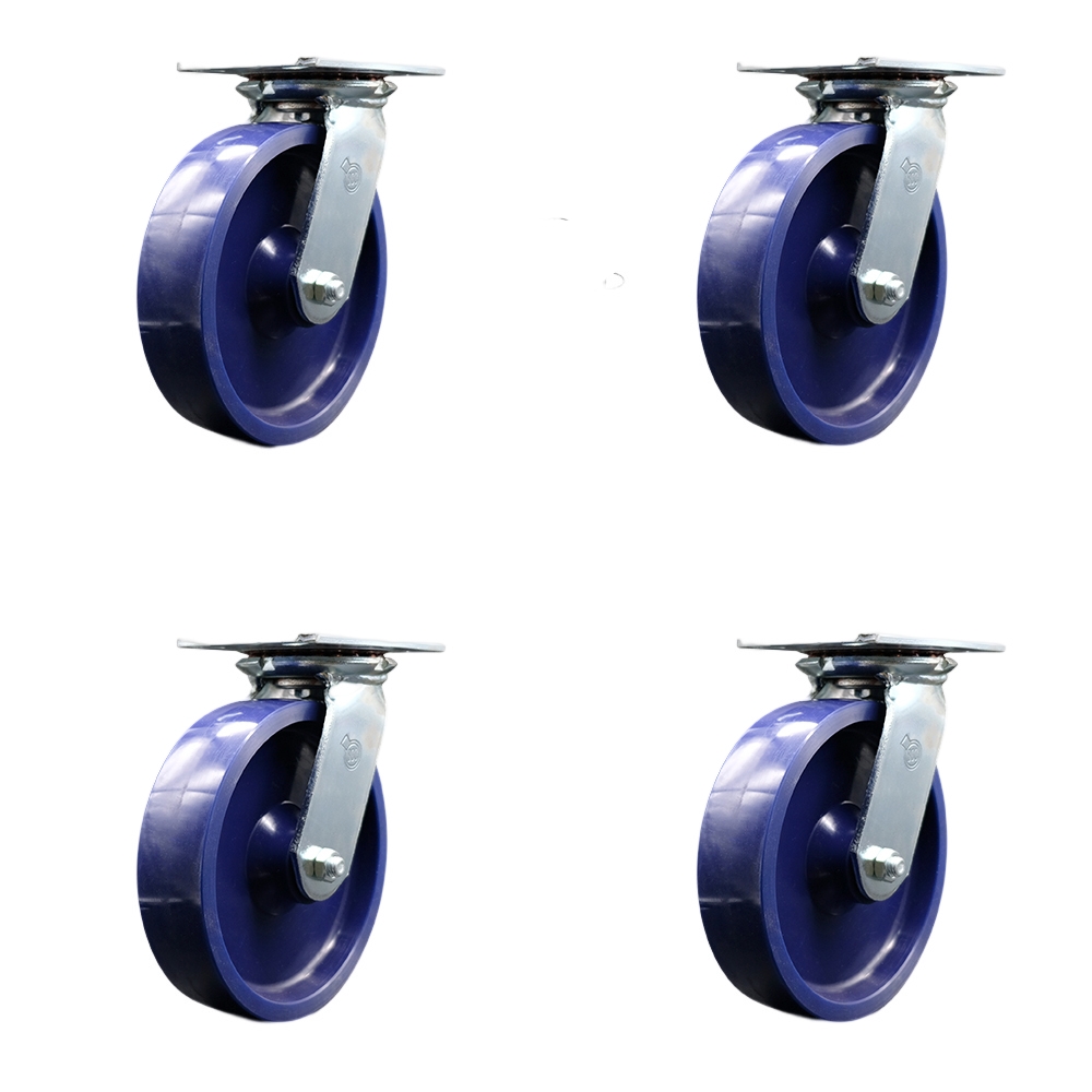 SCC-35S820-SPUR-BSL-4 Heavy Duty Large Top Plate Solid Polyurethane Swivel Caster with 8 x 2 in. Blue Wheels - 4800 lbs Total Capacity - Set of 4