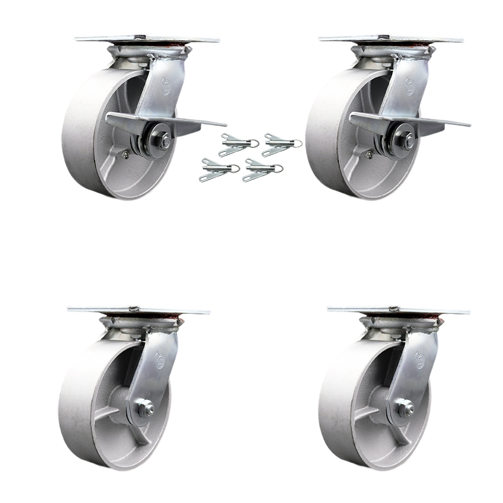 Heavy Duty Large Top Plate Semi Steel Cast Iron Swivel Caster with 6 x 2 in. Silver Wheels - 4800 lbs Capacity - Set of 4