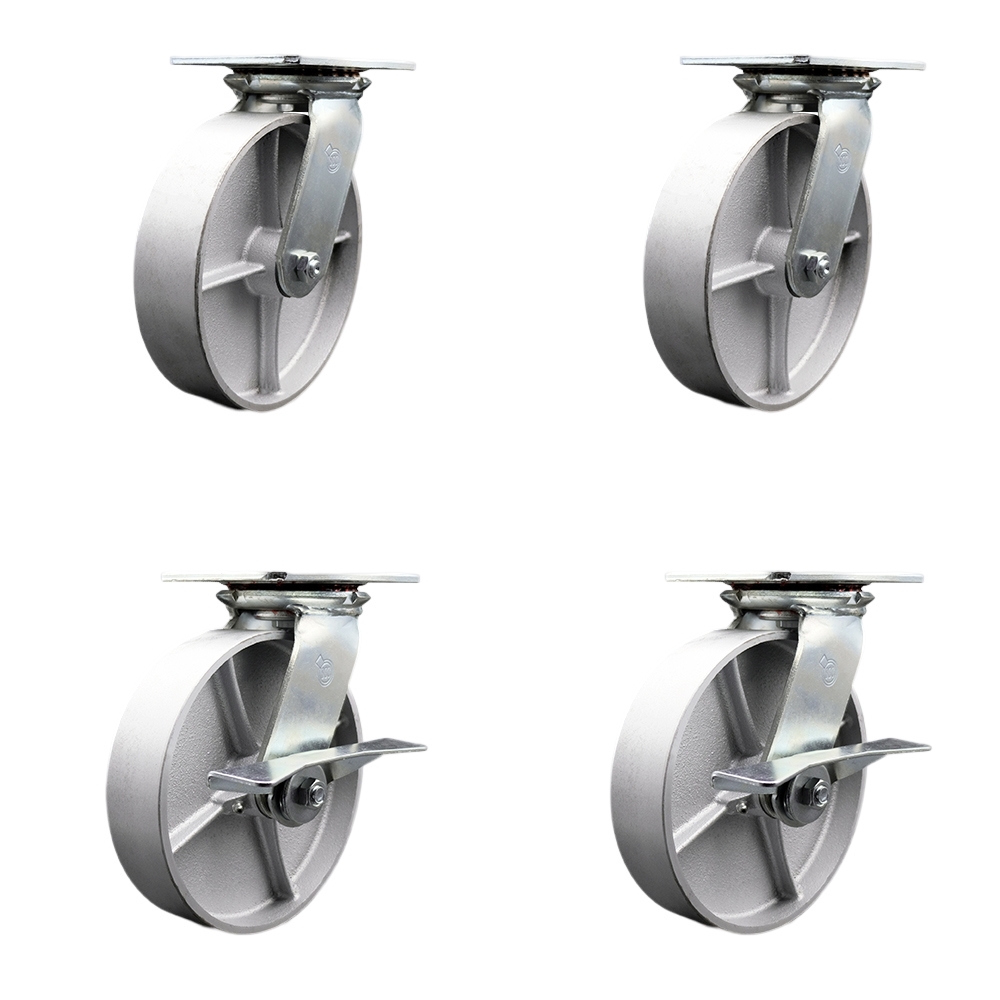 Heavy Duty Large Top Plate Semi Steel Cast Iron Swivel Caster with 8 x 2 in. Silver Wheels - 5000 lbs Total Capacity - Set of 4