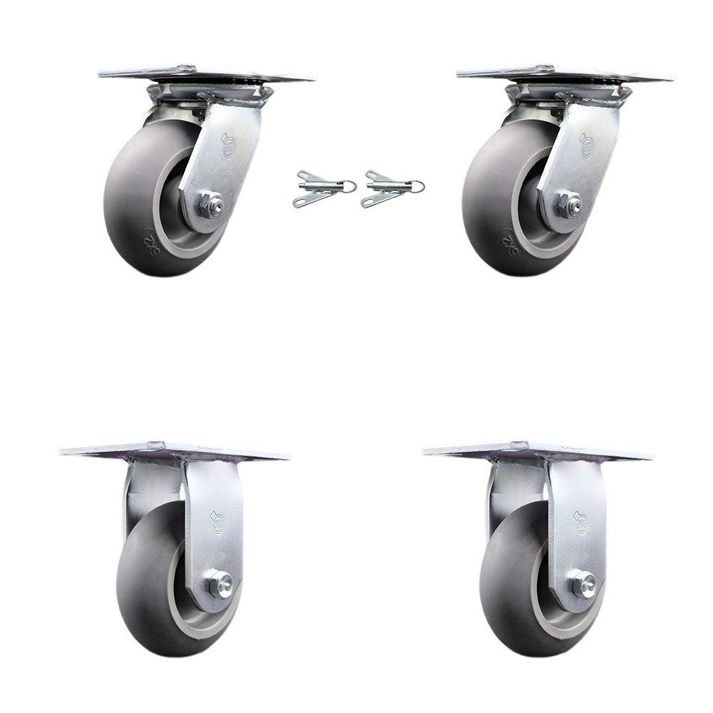 Heavy Duty Large Top Plate Thermo Rubber Donut Tread Swivel Caster with 5 x 2 in. Gray Wheels - 1400 lbs Total Capacity - Set of 4
