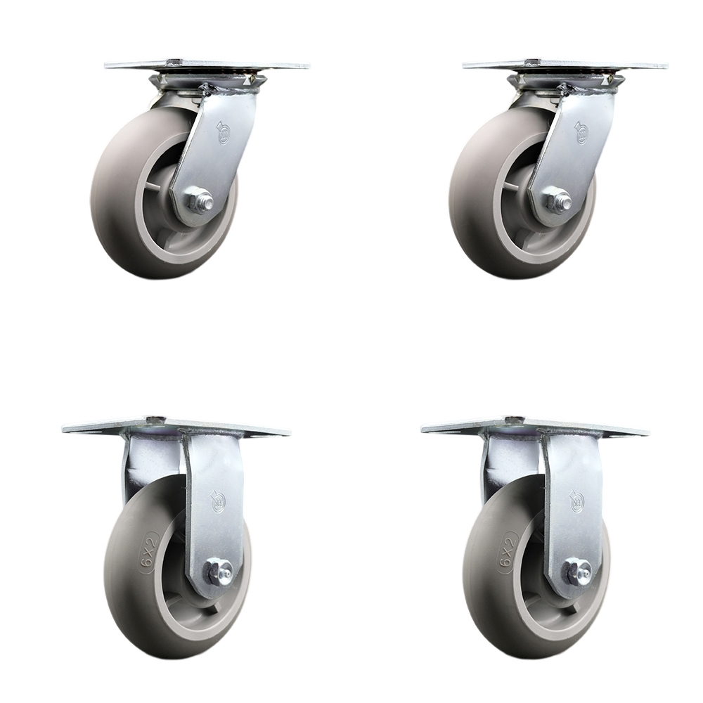 Heavy Duty Large Top Plate Thermo Rubber Donut Tread Swivel Caster with 6 x 2 in. Gray Wheels - 2000 lbs Total Capacity - Set of 4