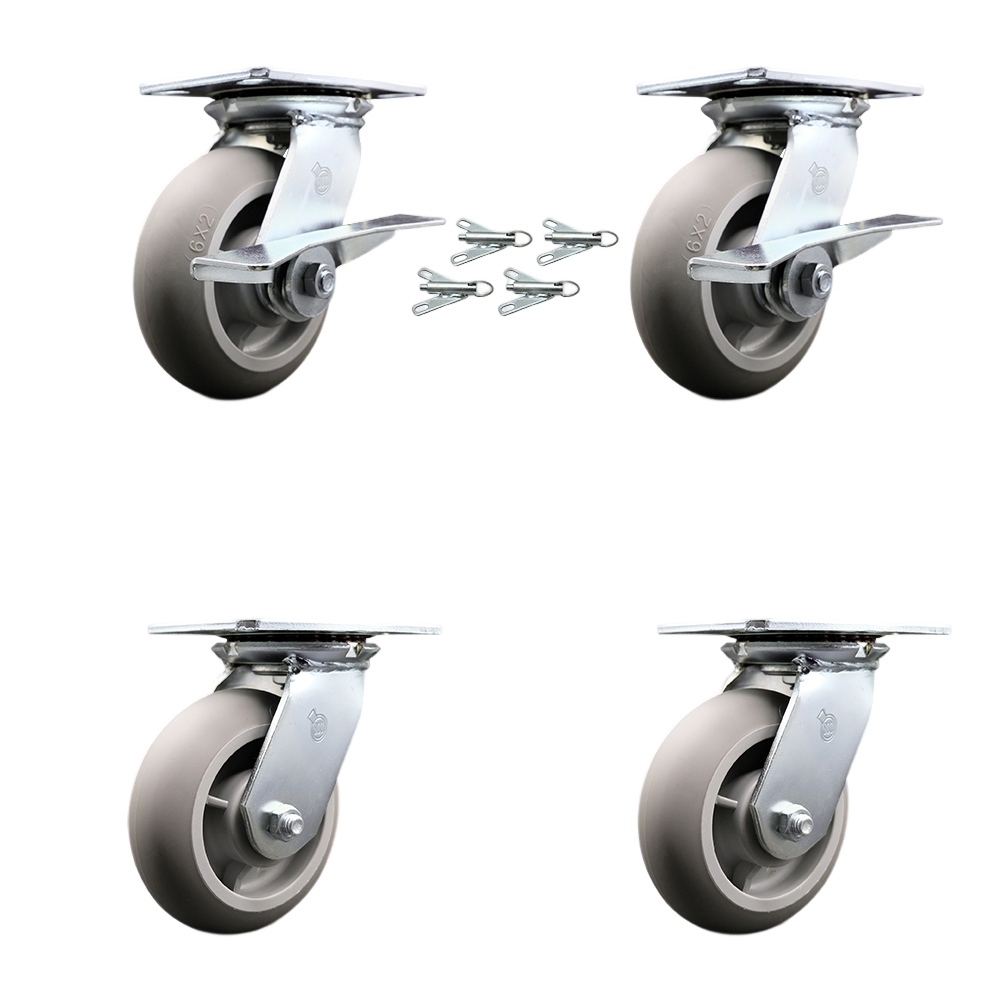 Heavy Duty Large Top Plate Thermo Rubber Donut Tread Swivel Caster with 6 x 2 in. Gray Wheel - 2000 lbs Capacity - Set of 4