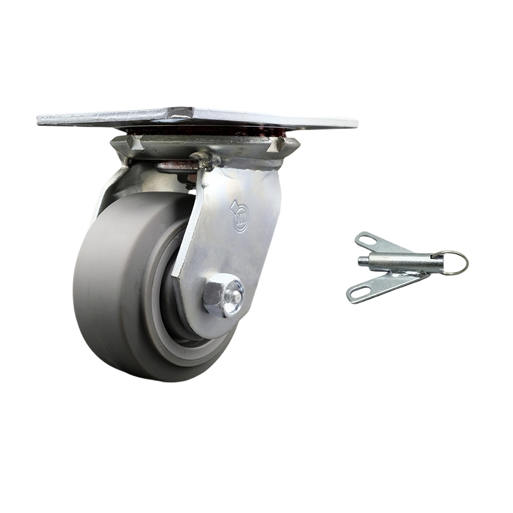 Heavy Duty Large Top Plate Thermo Rubber Flat Tread Swivel Caster with 4 x 2 in. Gray Wheel & Bolt on Swivel Lock - 300 lbs Capacity per Caster